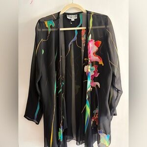 Vintage Hand Painted Silk  Yolanda Lorente Black Floral Sheer Cape Small Black